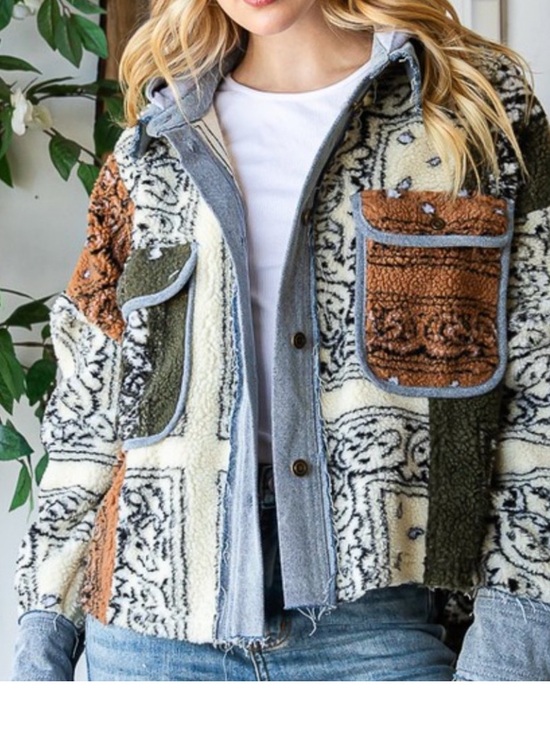 Oli & Hali Jackets & Blazers - Oli & Hali Patchwork Sherpa Jacket in Cream, Brown & Olive  oversized Denim Trim